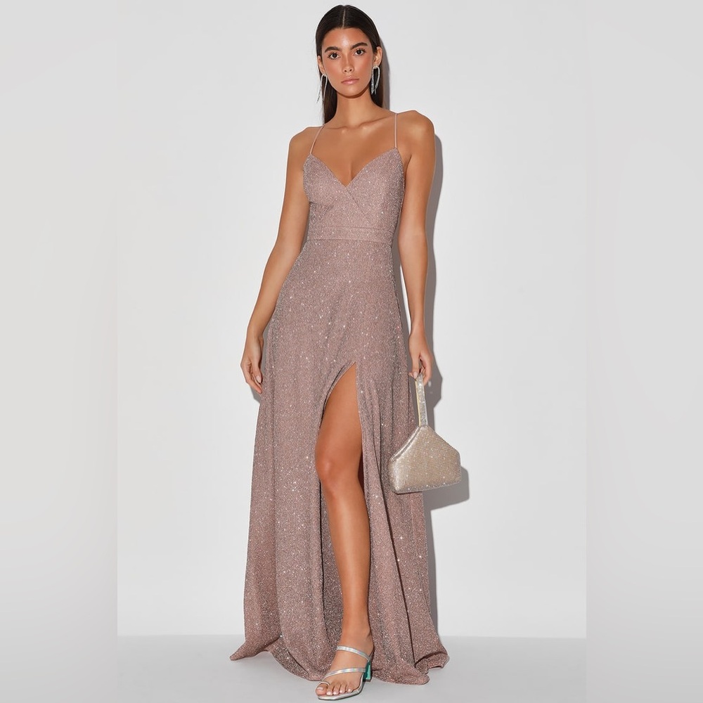 Lulu's Truly Dazzling Mauve Multi Glitter Sleeveless Gown Maxi Dress - Medium